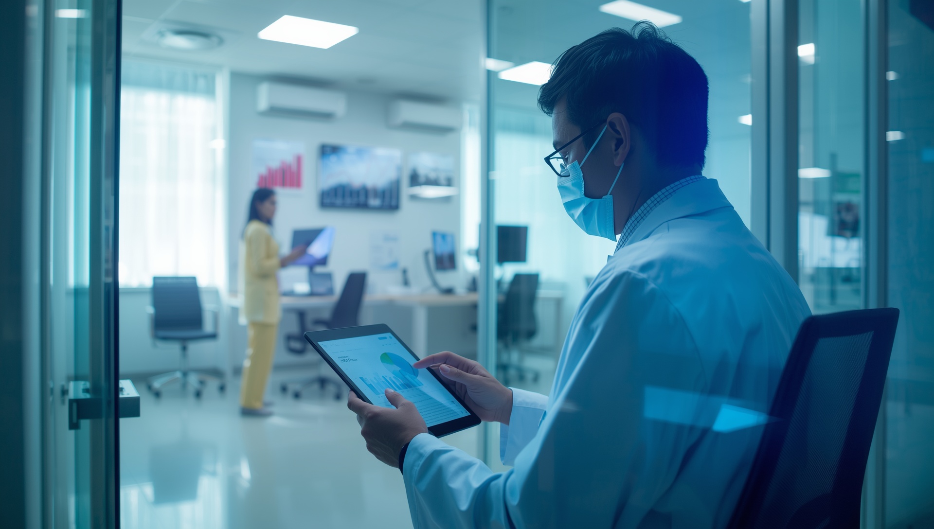 Primary care physician reviewing patient data and EHR dashboard on iPad in modern clinic office