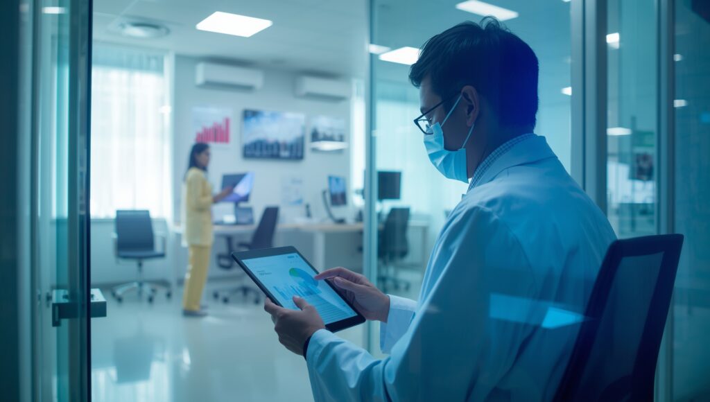 Primary care physician reviewing patient data and EHR dashboard on iPad in modern clinic office