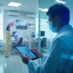 Primary care physician reviewing patient data and EHR dashboard on iPad in modern clinic office