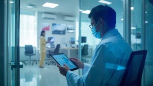 Primary care physician reviewing patient data and EHR dashboard on iPad in modern clinic office