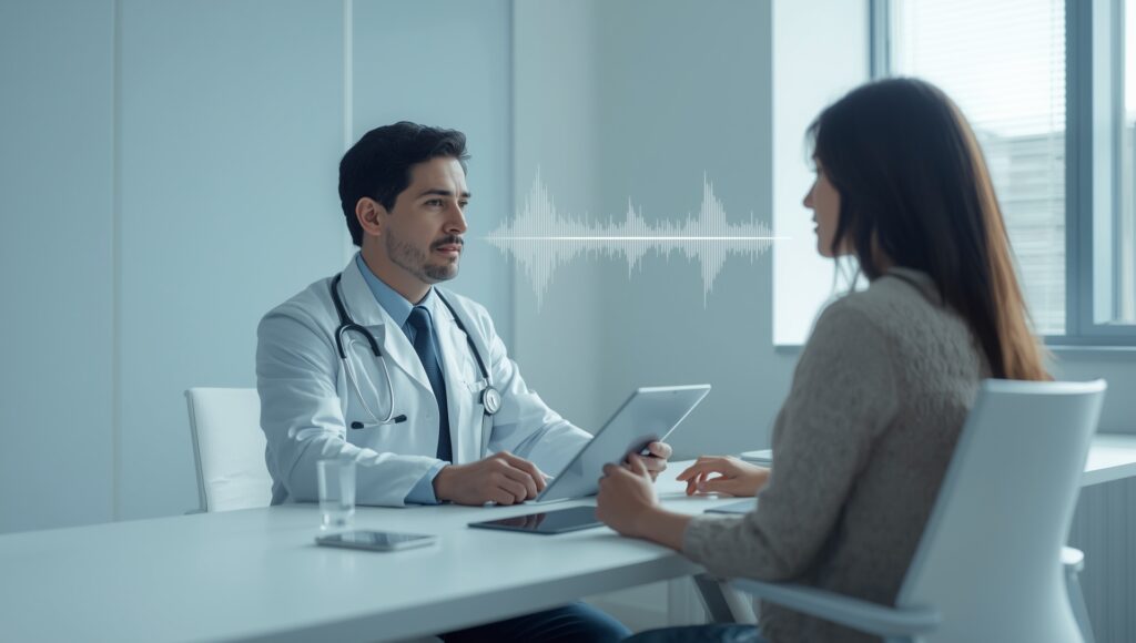 Primary care physician reviewing AI-generated SOAP note on iPad after patient visit using ambient charting EHR