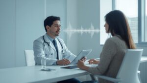 Primary care physician reviewing AI-generated SOAP note on iPad after patient visit using ambient charting EHR