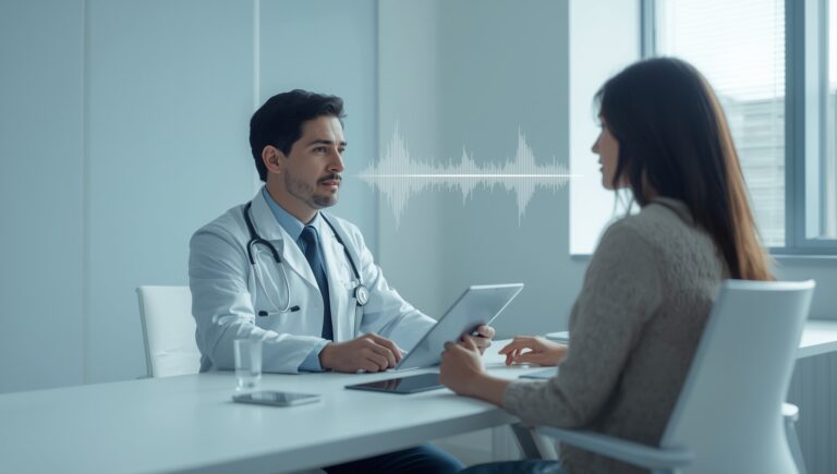 Primary care physician reviewing AI-generated SOAP note on iPad after patient visit using ambient charting EHR