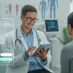 Primary care physician using iPad with AI-powered predictive charting EHR for clinical documentation