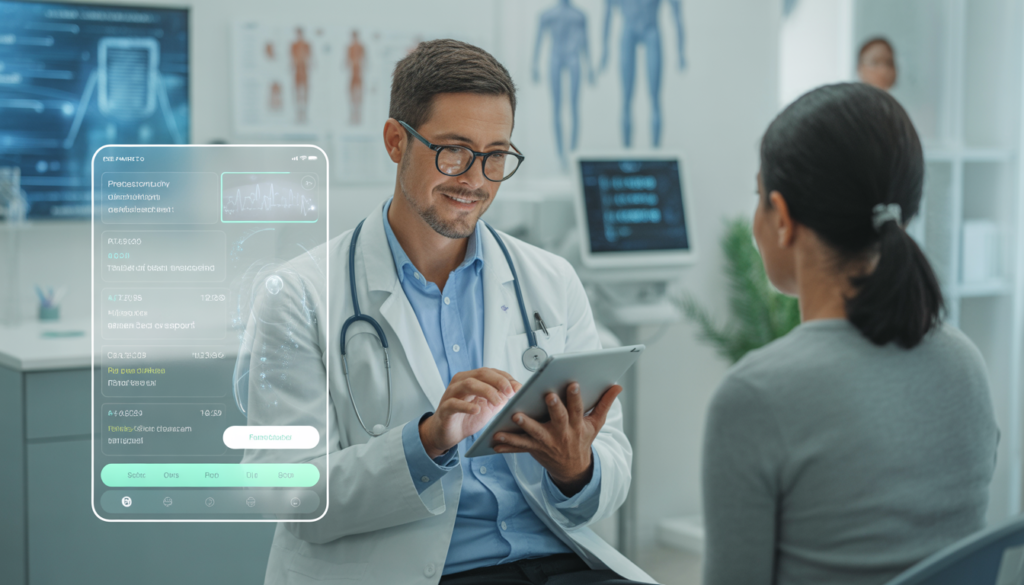 Primary care physician using iPad with AI-powered predictive charting EHR for clinical documentation