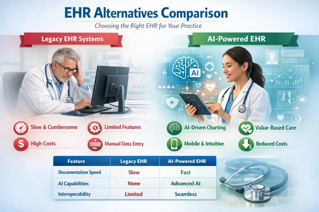 EHR alternatives comparison showing AI powered EHR benefits for modern medical practices